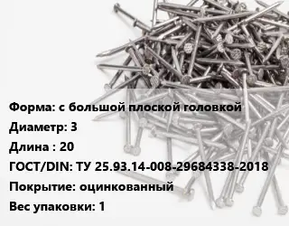 Гвоздь с большой плоской головкой 3х20 ГОСТ: ТУ 25.93.14-008-29684338-2018 оцинкованный 1